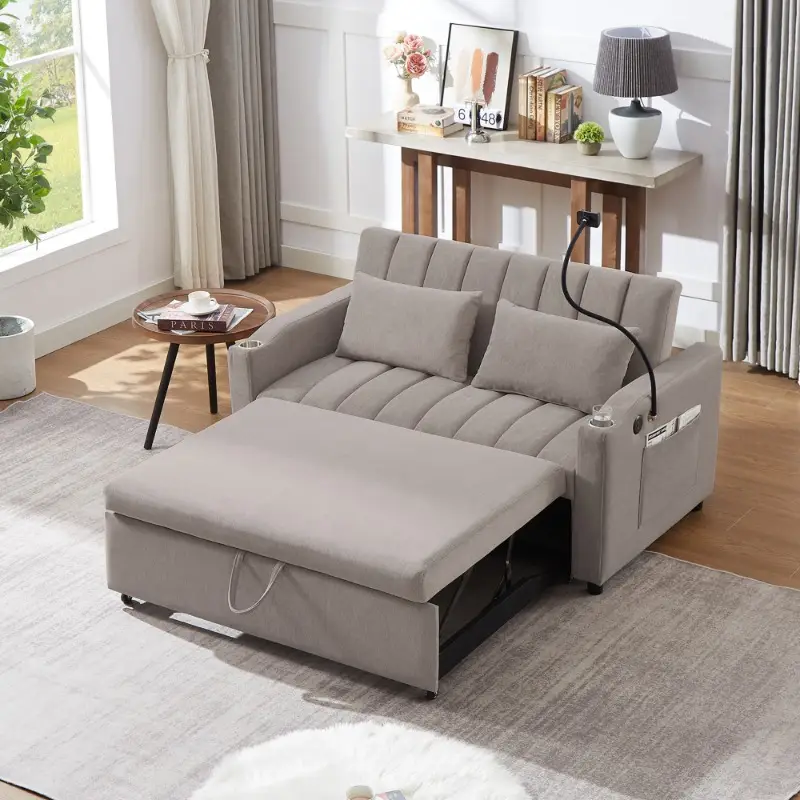 55 9 loveseat sofa bed convertible for living room side pockets cup holders 360 phone holder light grey details 0