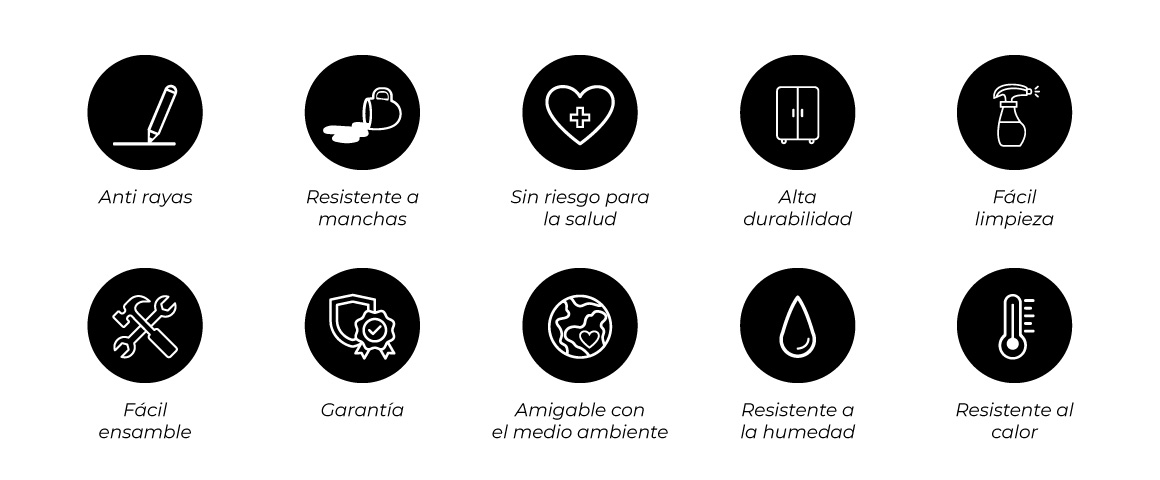 Garantía, resistencia, fácil de limpiar, fácil ensamble, salud, antirayas, durabilidad