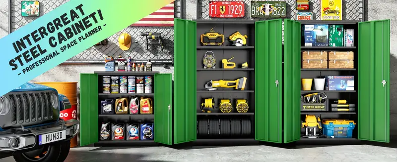 Gabinete de almacenamiento de metal, gabinete de almacenamiento con cerradura de 72 con y 4 estantes ajustables, gabinete de herramientas de acero con cerradura para el hogar, , el almacén, (negro verde) detalles 6