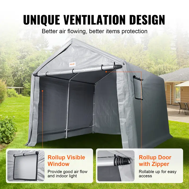 8x14ft outdoor storage tent   instant setup canopy with roll up door breathable windows for bikes motorcycles     details 0