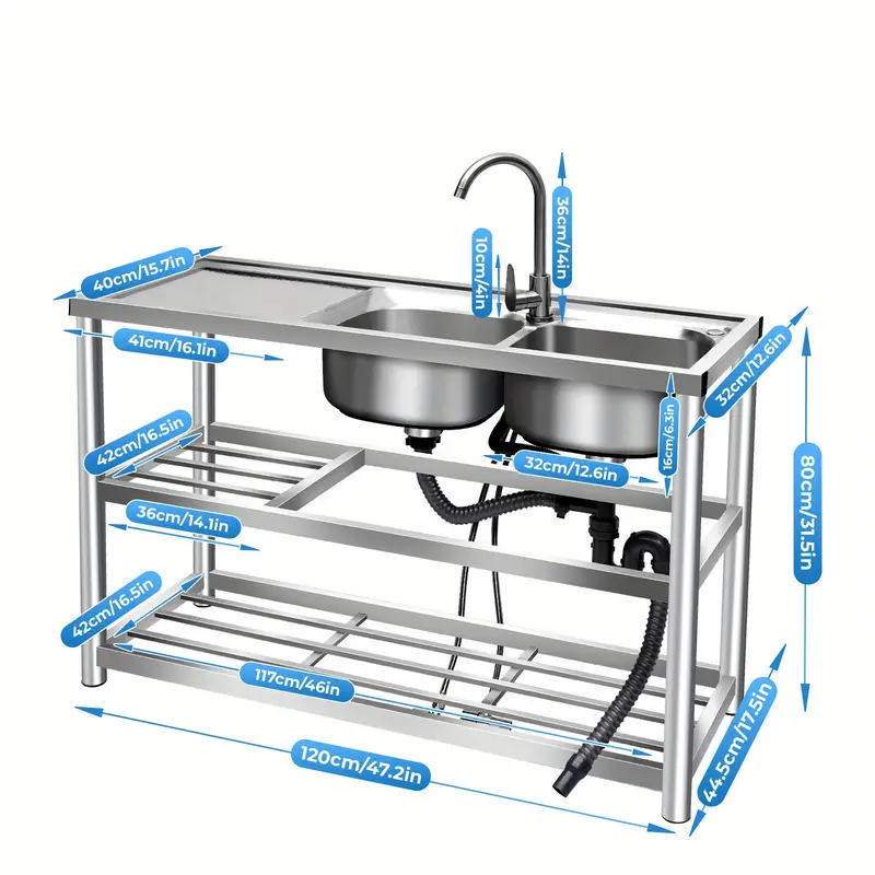 Fregadero comercial de cocina con 2 cubetas, fregadero utilitario de 2 compartimentos con 2 escurridores y 2 estantes, fregadero de cocina independiente de acero inoxidable 304 detalles 3