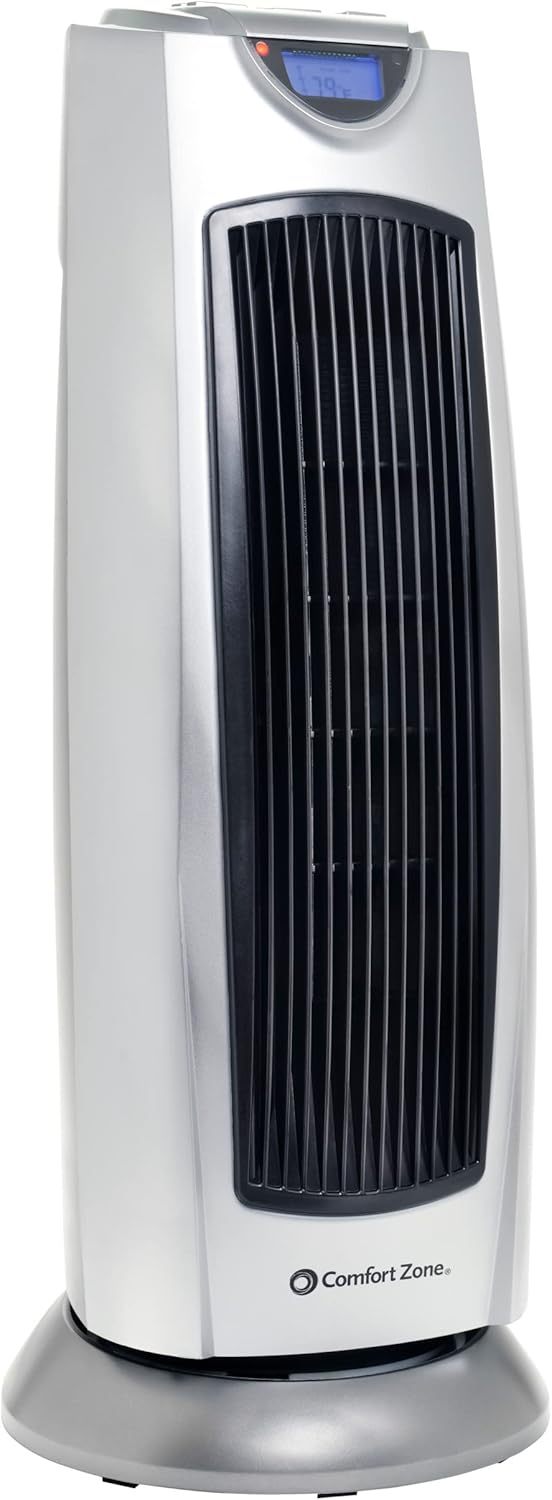 Comfort Zone CZ499R Calentador de torre de cerámica oscilante de 1500 W con control remoto, oscilación de 90 grados, termostato digital retroiluminado con visualización de temperatura, temporizador y sensor de sobrecalentamiento integrado