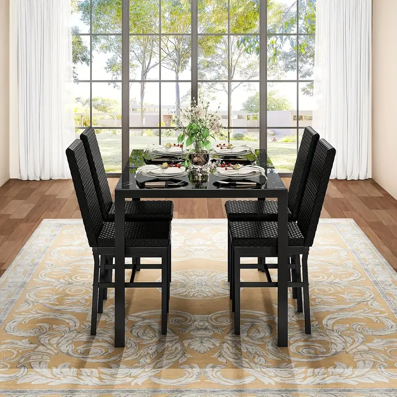 Conjunto de mesa de comedor de 5 piezas de estilo moderno y  , conjunto de   de 5 piezas con tapa de vidrio templado, marco de metal y sillas de comedor tapizadas en cuero sintético, conjunto de mesa de comedor para desayunar   de mostrador para 4 personas en espacios pequeños detalles 5