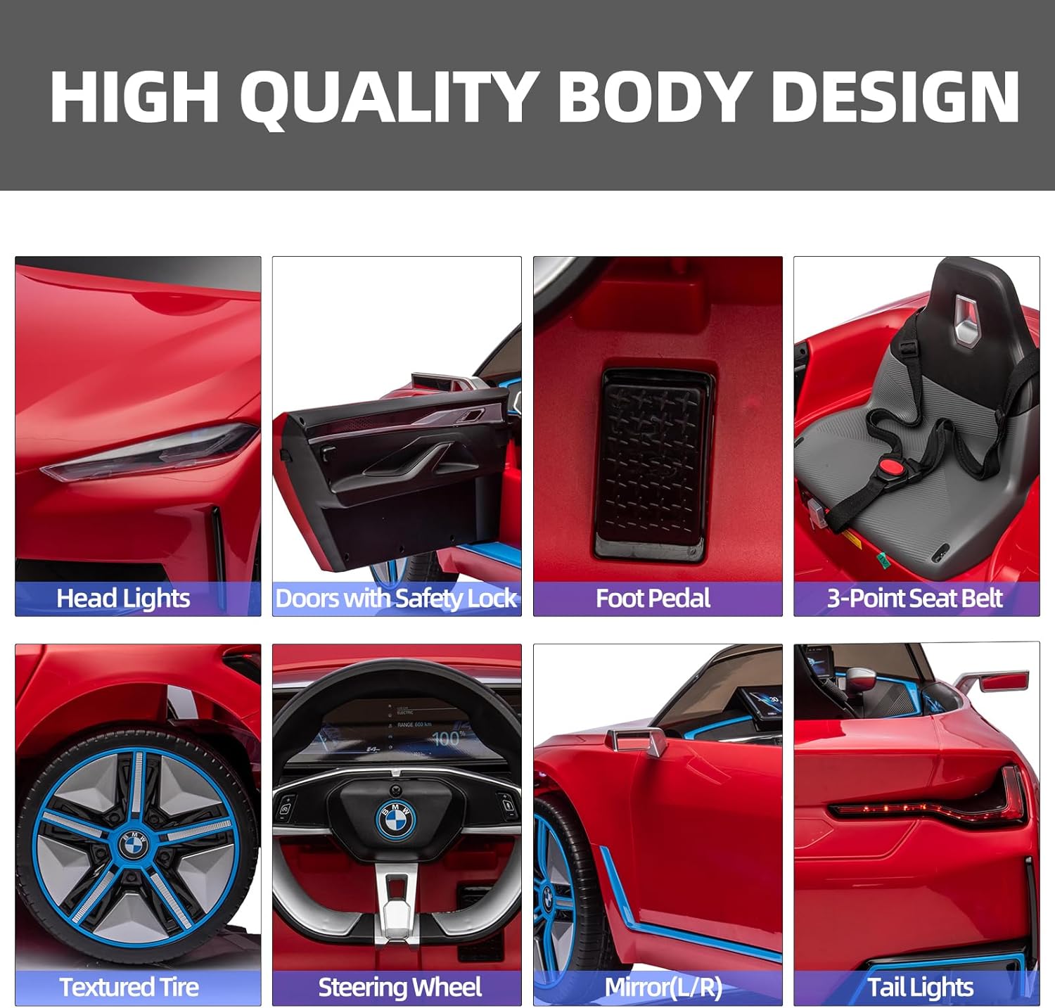 YKUNIR - BMW I4 - Coche eléctrico para niños con control remoto, batería de 12 V, vehículos para niños pequeños para conducir, 3 velocidades, Bluetooth, música, luz LED, cinturón de seguridad (rojo)