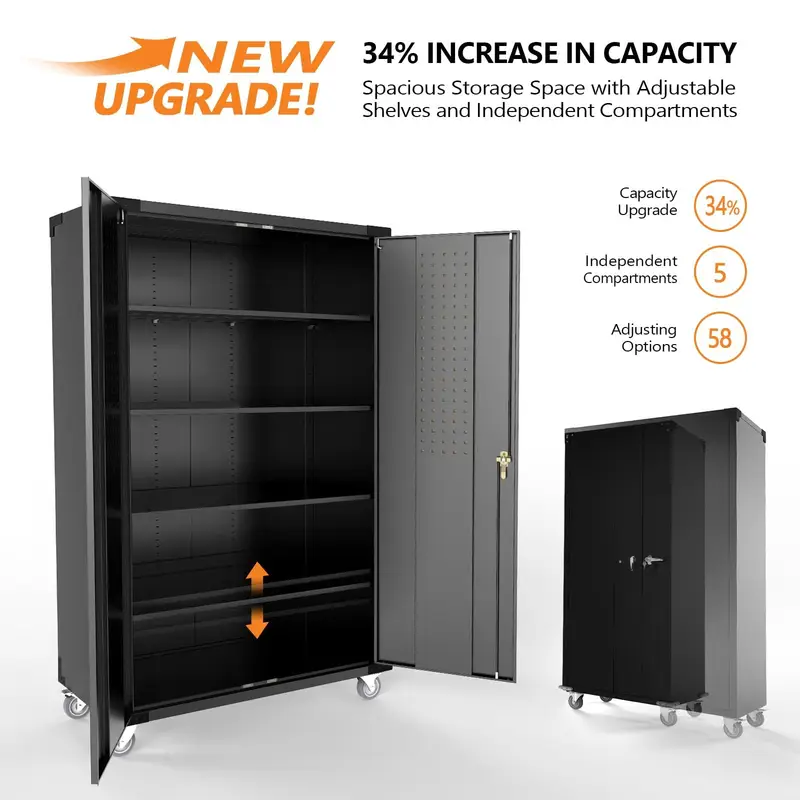 wide storage cabinet metal storage cabinet with pegboards wheels locking doors and adjustable shelves gray 43w x 20d x 72h details 2