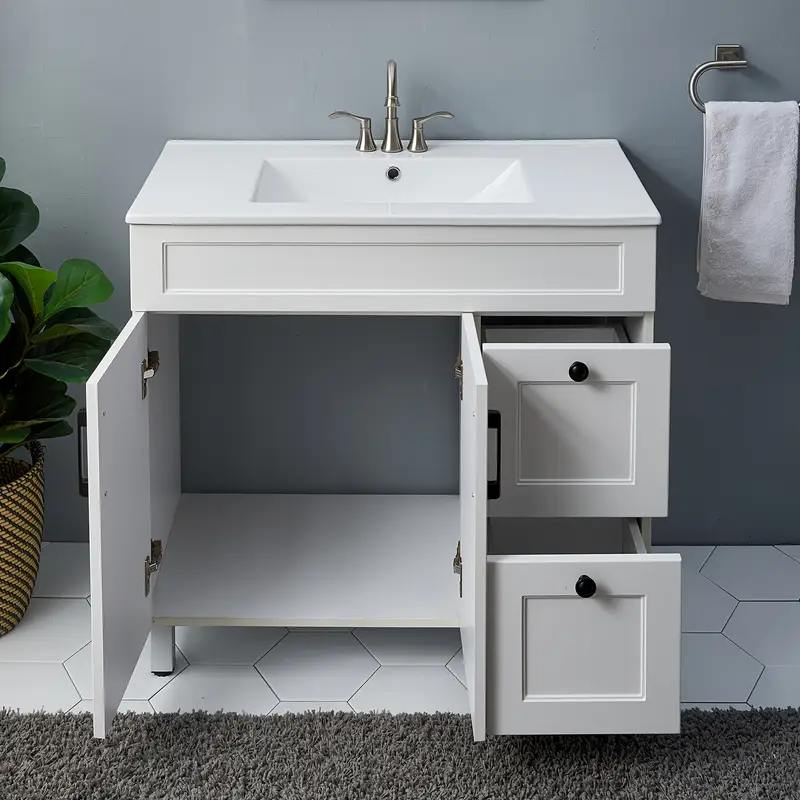 36 bathroom vanity with sink combo white bathroom vanity cabine with ceramic sink freestanding   countertop metal handles 2 bathroom drawers 2 soft closing doors white details 3