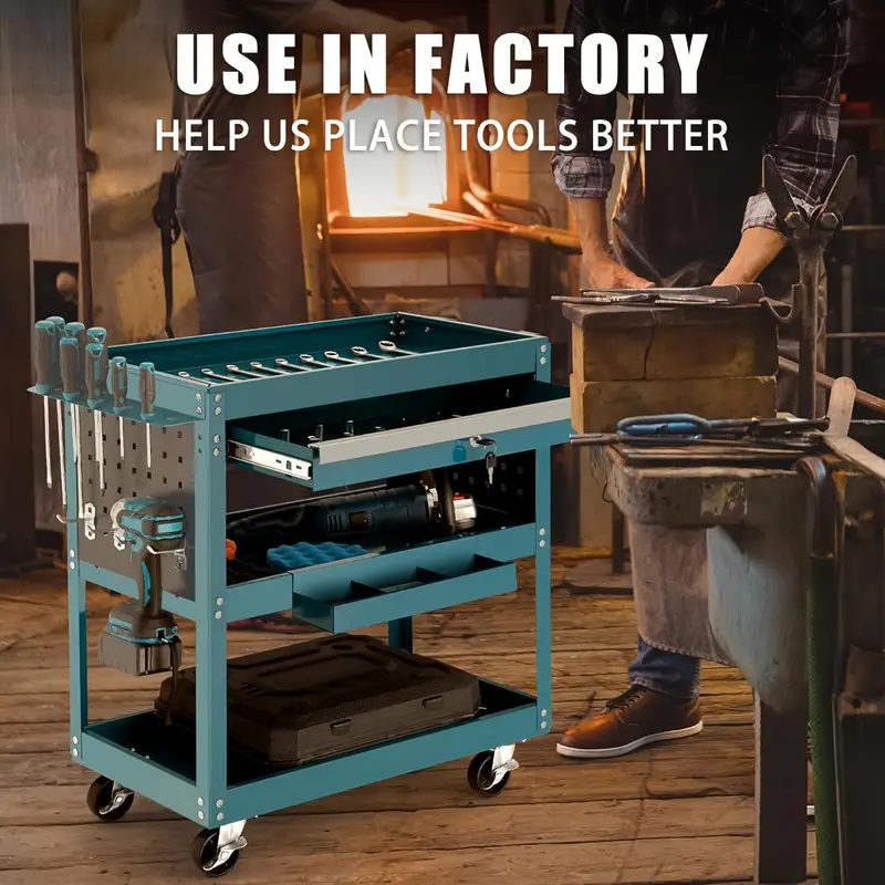 3 tier rolling tool cart 330 lbs capacity heavy duty utility cart industrial   tool cart tool organizer with wheels storage drawer design for garage warehouse   details 4