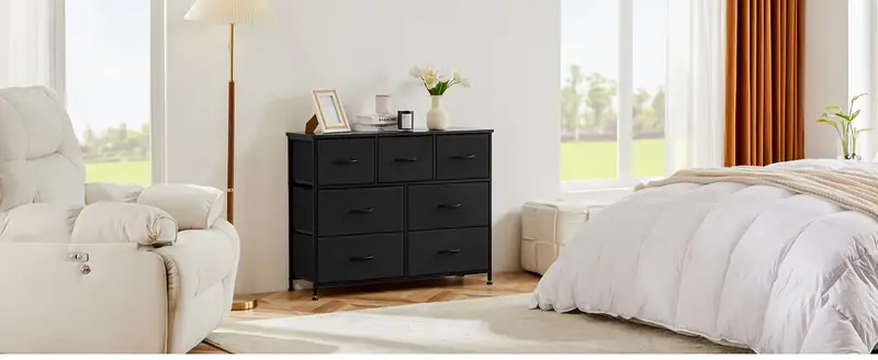 Cómoda para dormitorio, cajones de almacenamiento, soporte de TV, torre de almacenamiento de tela con 7 cajones, cómoda con cajones de tela, parte superior de madera para TV de hasta 45 pulgadas, para habitación infantil, armario, entrada, guardería detalles 3