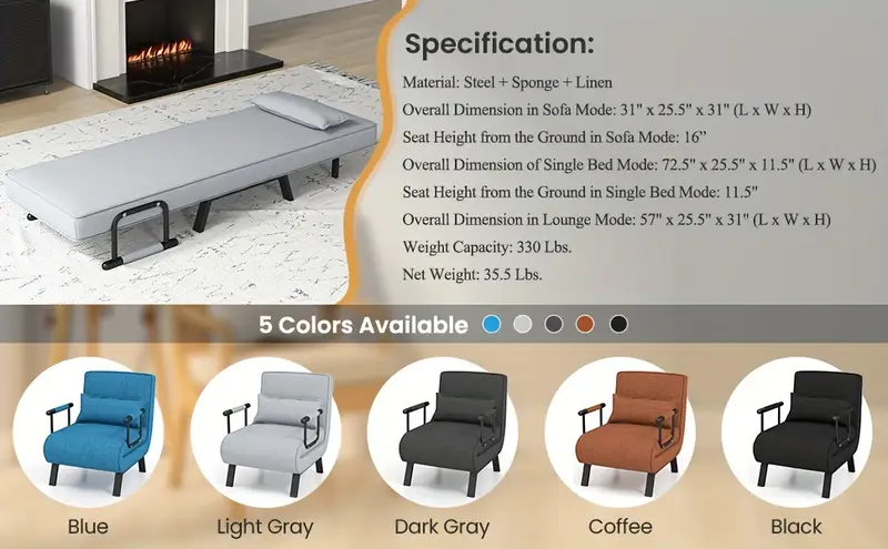 Sillón Cama Convertible De 6 Posiciones Con Cojín, Color   detalles 3