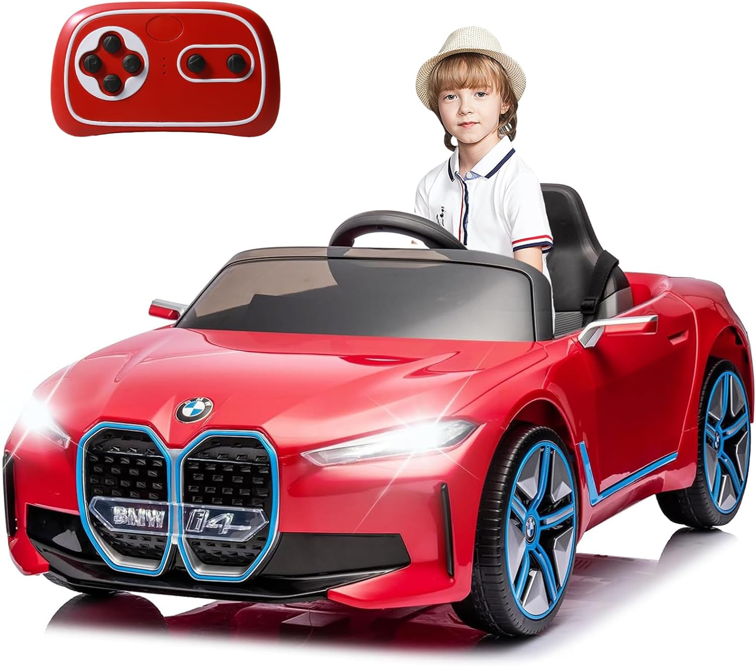 YKUNIR - BMW I4 - Coche eléctrico para niños con control remoto, batería de 12 V, vehículos para niños pequeños para conducir, 3 velocidades, Bluetooth, música, luz LED, cinturón de seguridad (rojo)