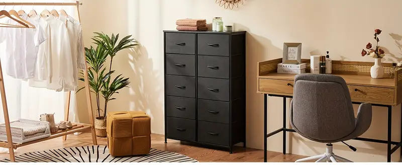 C&oacute;moda alta de 10 cajones para dormitorio, C&oacute;moda de cajones de tela, Unidades organizadoras de almacenamiento altas, C&oacute;moda y cajonera, Torre de almacenamiento con contenedores de tela, Gabinete de cajones, Estructura met&aacute;lica, Muebles ligeros para sala de estar, dormitorio detalles 2