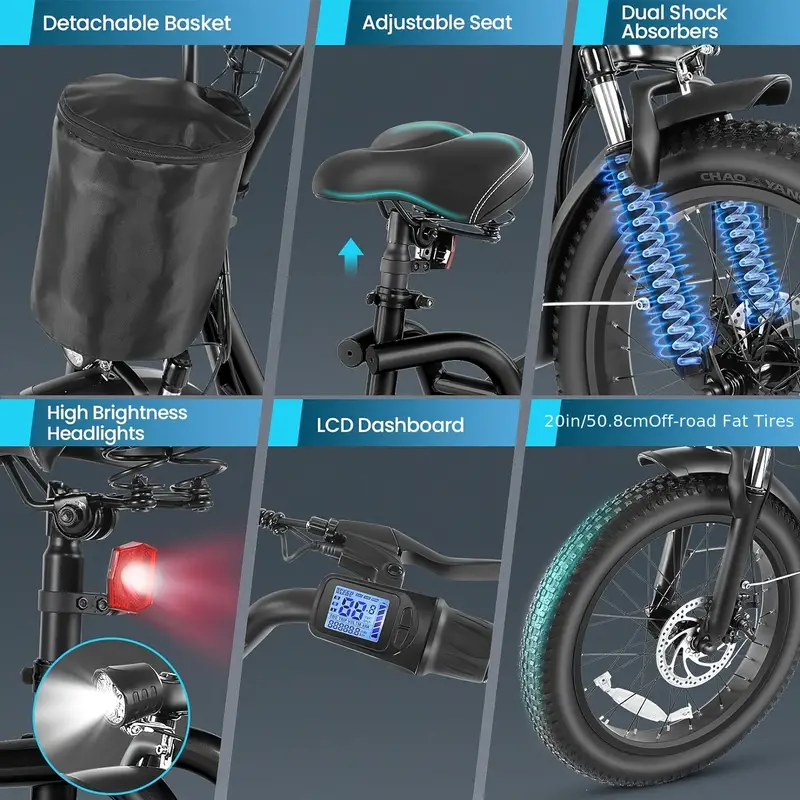 Patinete eléctrico para adultos con asiento y cesta, neumáticos de 20 para , batería de 48V 500Wh, autonomía de hasta 30 millas y 20 MPH, con asiento y cesta, pantalla LCD, carga de 300 libras, patinete eléctrico plegable para desplazamientos. detalles 8