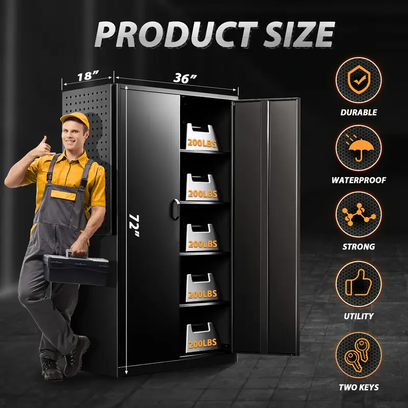 Armario de Almacenamiento de Acero   Resistencia para Garaje con Puertas con Cerradura y Portaherramientas Lateral - 71H x 31.5W x 11.8D, Estilo  , Organizador de Pie para Herramientas y Equipo, Ideal para   en Casa, Almacén, Sótano detalles 5