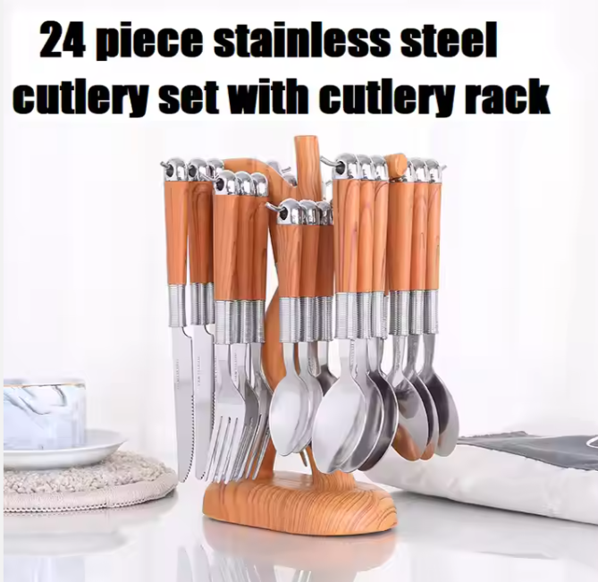 Wooden Handle Stainless Steel Flatware Set Knife Serve Fork Spoon Portable 24pcs Dinnerware Tableware Set With Rack