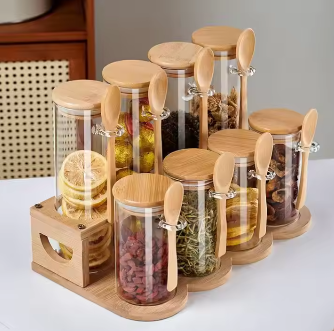 Airtight Glass Jars Bamboo Lids Spoons Kitchen Canisters Coffee Sugar Beans Tea Spice Storage Bamboo Stand