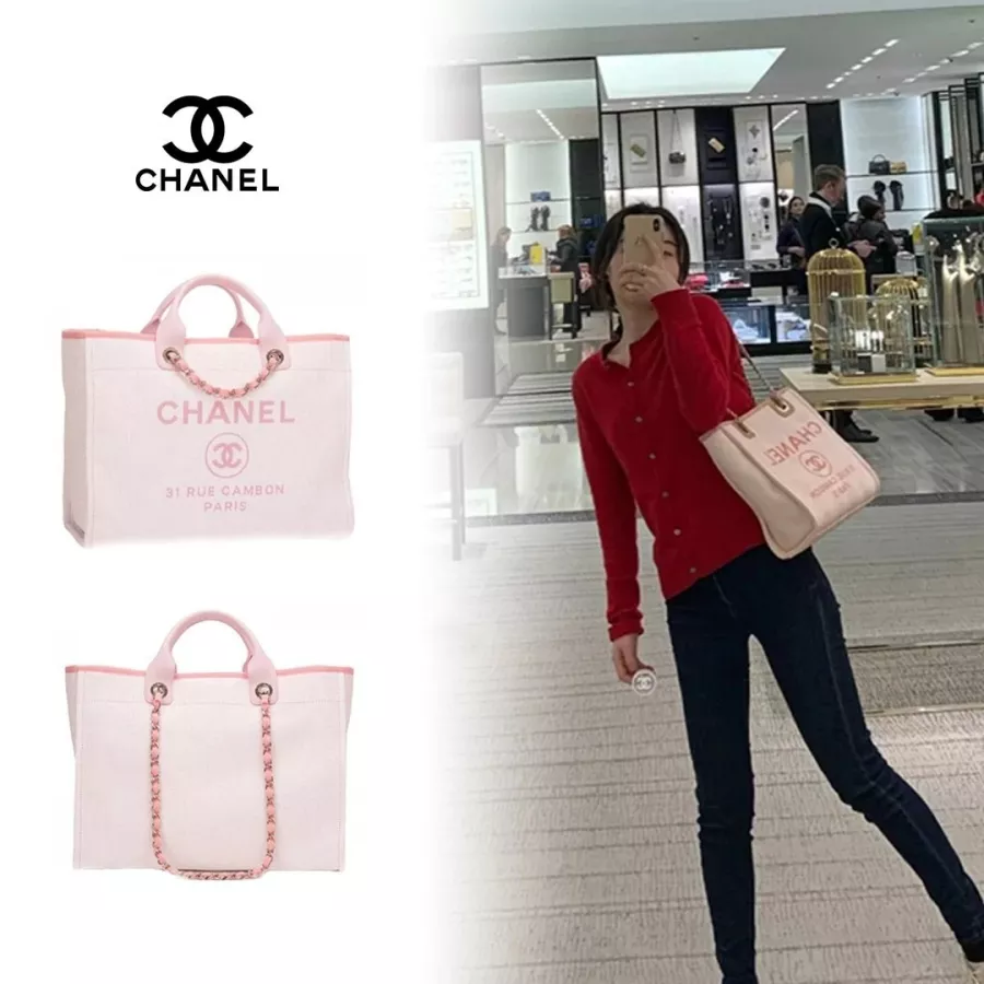 Chanel PINK Pink Canvas Large Deauville Shopping Tote Bag