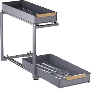 Organizador retrátil sob o lava-loiça, gaveta dupla deslizante para organização de cozinha, casa de banho e armários, aço, cinzento