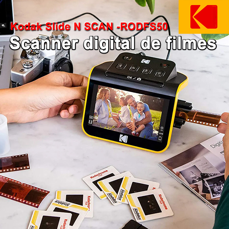 Digital Film Scanner, um scanner de películas e diapositivos que converte negativos e diapositivos a cores e a preto e branco de 35 mm, 126 mm e 110 mm em fotografias digitais JPEG de alta resolução e 22 megapixéis.