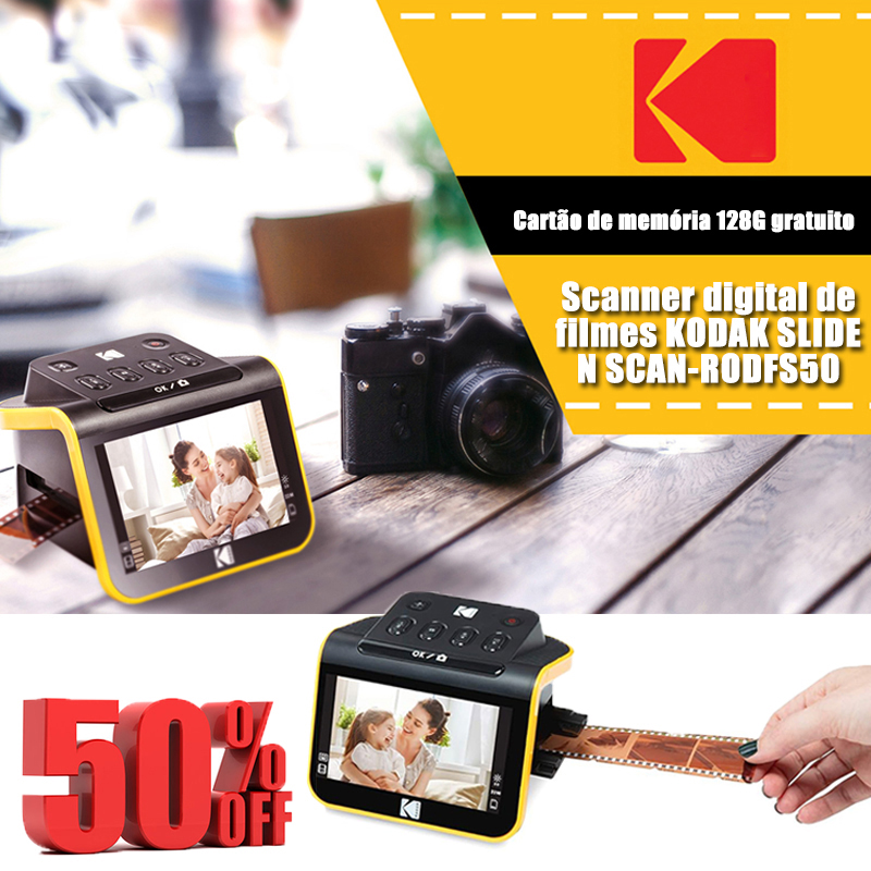 Digital Film Scanner, um scanner de películas e diapositivos que converte negativos e diapositivos a cores e a preto e branco de 35 mm, 126 mm e 110 mm em fotografias digitais JPEG de alta resolução e 22 megapixéis.