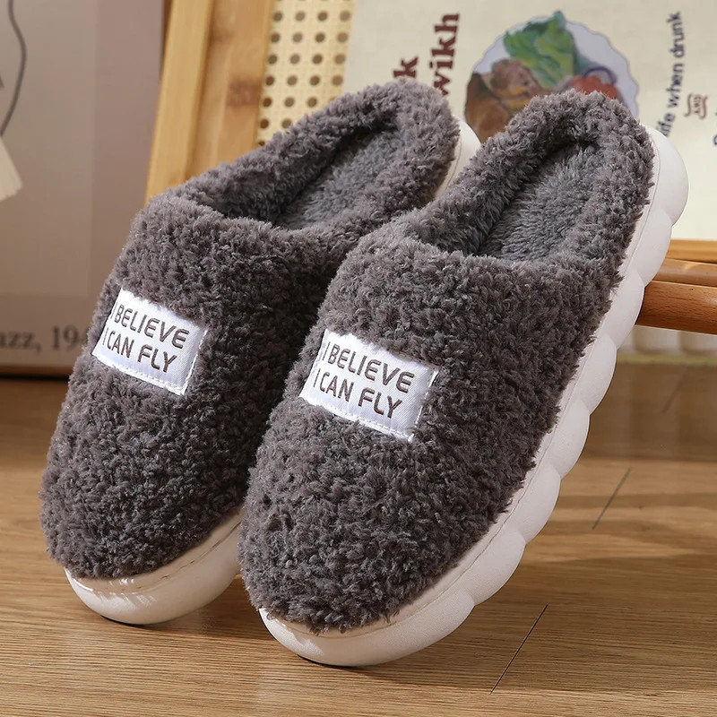 Women Plush Slippers Soft Plush Cotton Slippers Shoes Fashion Color Contrast Non-Slip Floor Indoor Flop Flip Bedroom Warm Winter