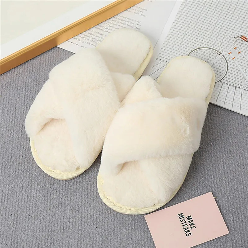 2024 Winter Slippers Women Fashion Cross Fluffy Fur Slipper Home Slides Platform Flat Indoor Floor Flip Flops Women Ladies Shoes