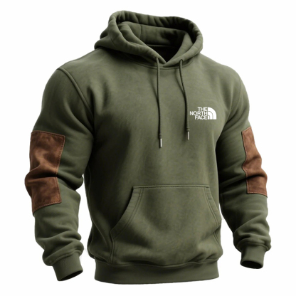 Men's Vintage Army Green Stitching Brown Suede Pocket Hoodie And Sweatpants Jogger Set