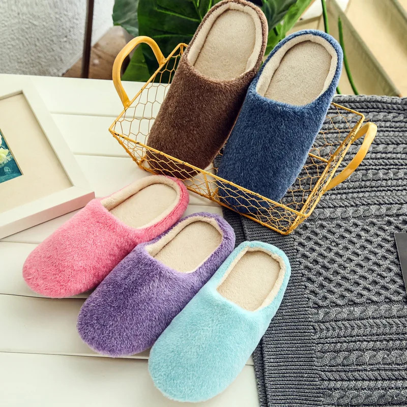 Home Slippers Winter Warm Shoes Women Indoor Soft Mule Flip Flops Silent Couple Plush Footwear Non-Slip Cotton Floor Slipper