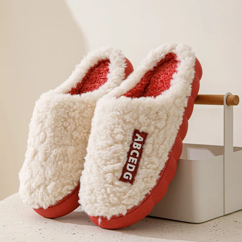 Women Plush Slippers Soft Plush Cotton Slippers Shoes Fashion Color Contrast Non-Slip Floor Indoor Flop Flip Bedroom Warm Winter