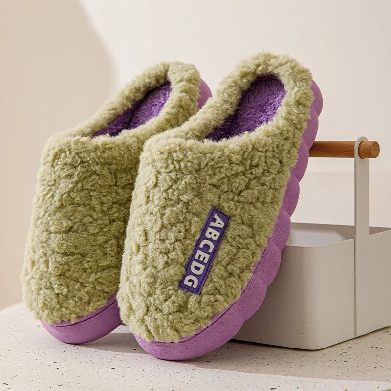 Women Plush Slippers Soft Plush Cotton Slippers Shoes Fashion Color Contrast Non-Slip Floor Indoor Flop Flip Bedroom Warm Winter