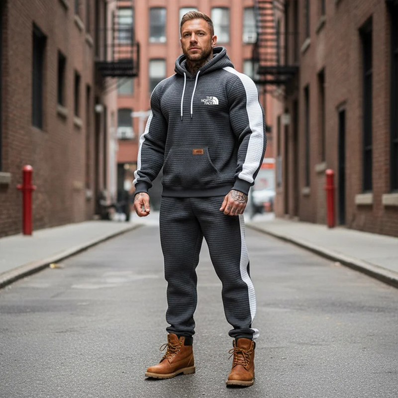 Men's Vintage Dark Gray White Waffle Quilted Plaid Pocket Hoodie And Sweatpants Jogger Set