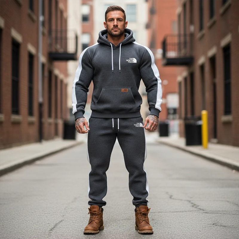 Men's Vintage Dark Gray White Waffle Quilted Plaid Pocket Hoodie And Sweatpants Jogger Set