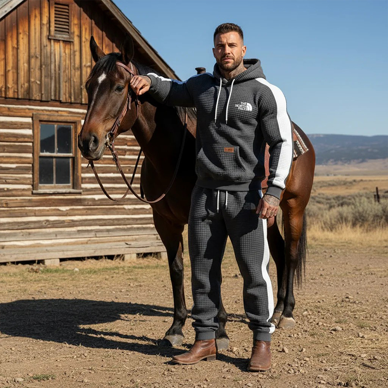 Men's Vintage Dark Gray White Waffle Quilted Plaid Pocket Hoodie And Sweatpants Jogger Set