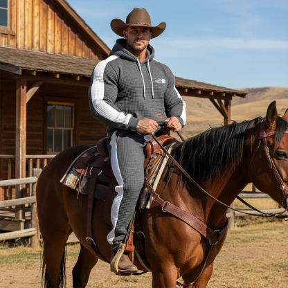 Men's Vintage Dark Gray White Waffle Quilted Plaid Pocket Hoodie And Sweatpants Jogger Set