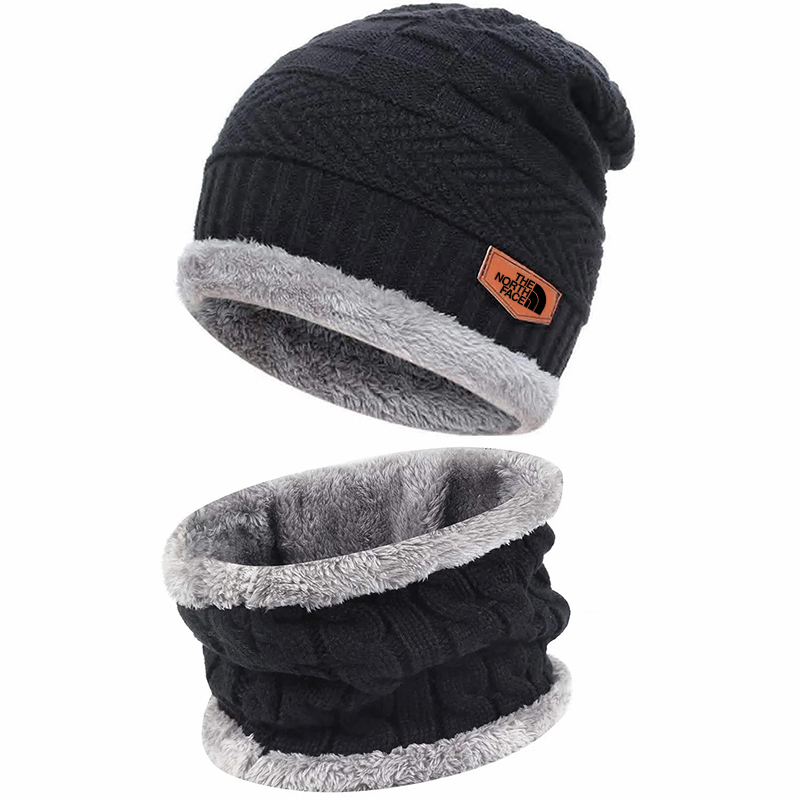 Mens Womens Winter Beanie Hat Scarf Set Warm Knit Hat Thick Fleece Lined Winter Cap