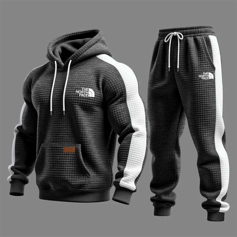 Men's Vintage Dark Gray White Waffle Quilted Plaid Pocket Hoodie And Sweatpants Jogger Set