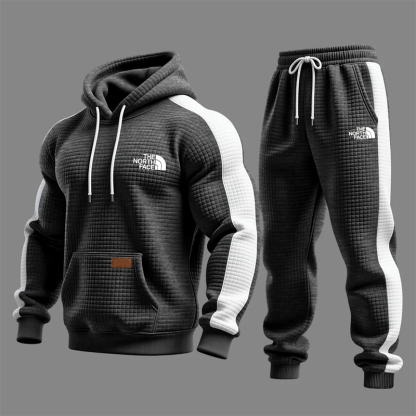 Men's Vintage Dark Gray White Waffle Quilted Plaid Pocket Hoodie And Sweatpants Jogger Set
