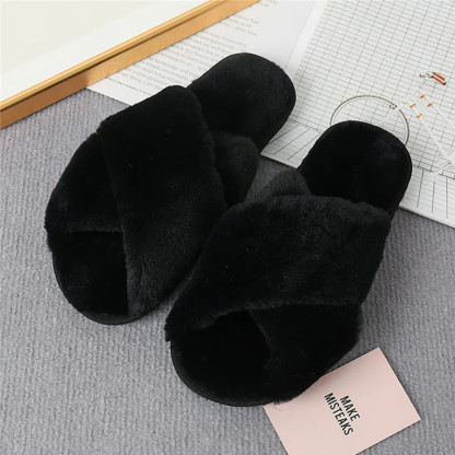 2024 Winter Slippers Women Fashion Cross Fluffy Fur Slipper Home Slides Platform Flat Indoor Floor Flip Flops Women Ladies Shoes