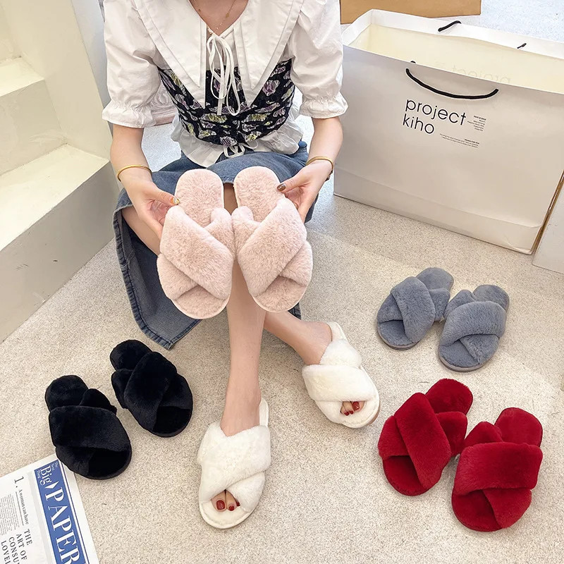 2024 Winter Slippers Women Fashion Cross Fluffy Fur Slipper Home Slides Platform Flat Indoor Floor Flip Flops Women Ladies Shoes