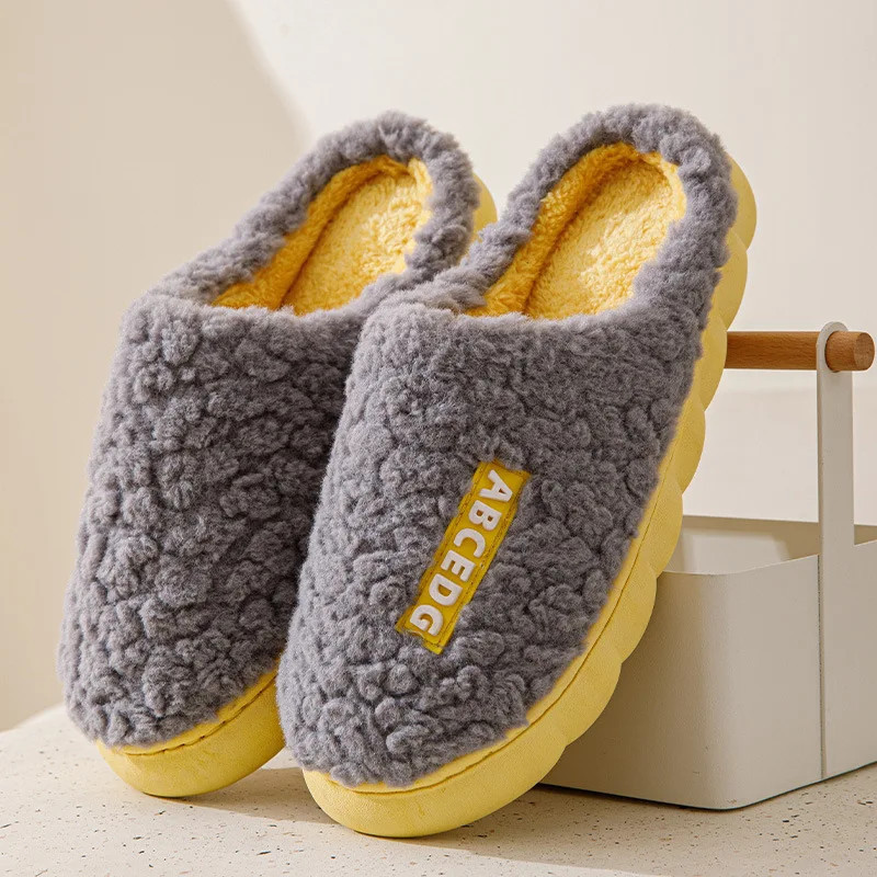 Women Plush Slippers Soft Plush Cotton Slippers Shoes Fashion Color Contrast Non-Slip Floor Indoor Flop Flip Bedroom Warm Winter