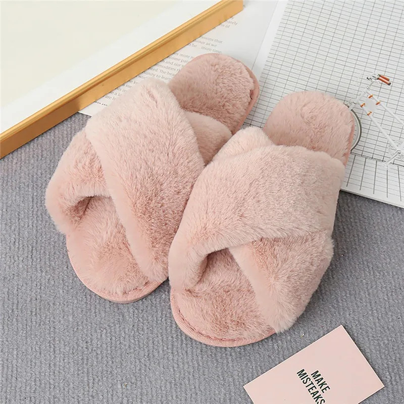 2024 Winter Slippers Women Fashion Cross Fluffy Fur Slipper Home Slides Platform Flat Indoor Floor Flip Flops Women Ladies Shoes