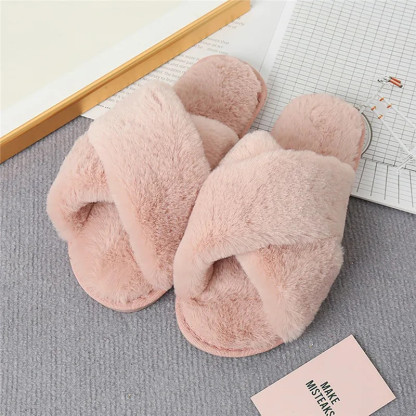 2024 Winter Slippers Women Fashion Cross Fluffy Fur Slipper Home Slides Platform Flat Indoor Floor Flip Flops Women Ladies Shoes