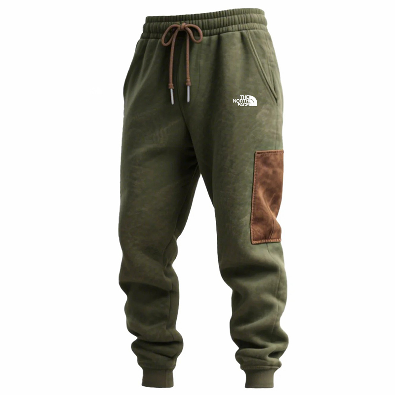 Men's Vintage Army Green Stitching Brown Suede Pocket Hoodie And Sweatpants Jogger Set