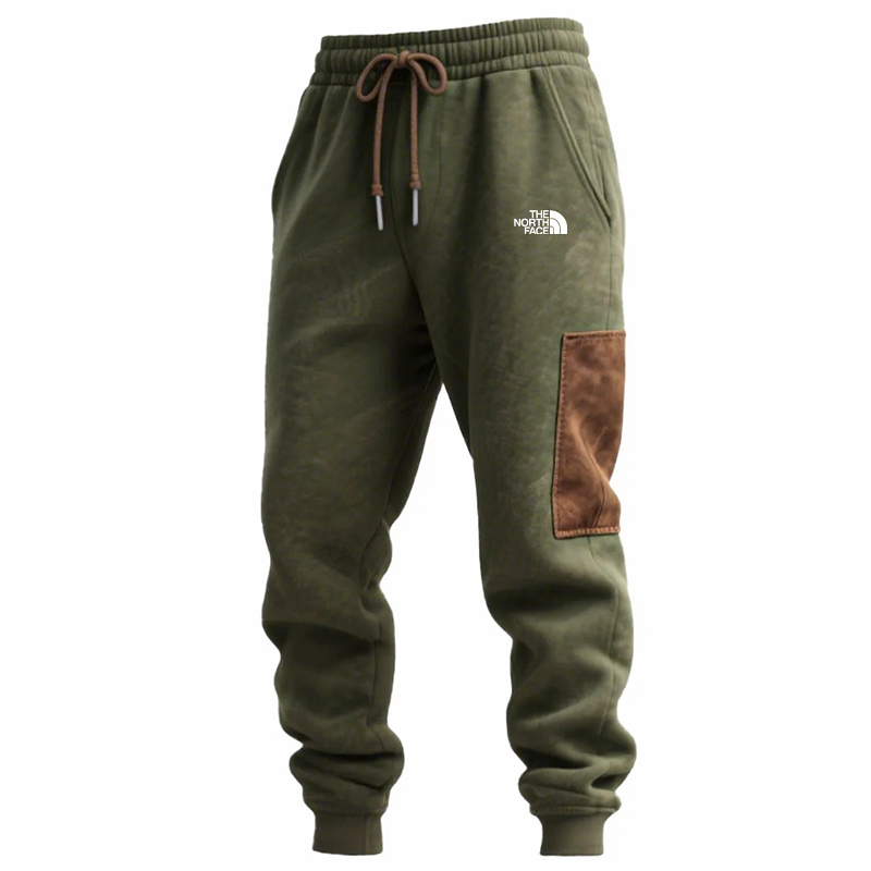 Men's Vintage Army Green Stitching Brown Suede Pocket Hoodie And Sweatpants Jogger Set
