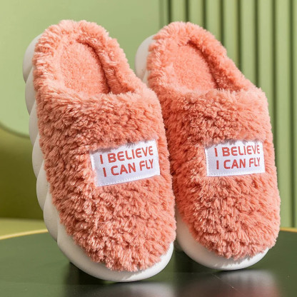 Women Plush Slippers Soft Plush Cotton Slippers Shoes Fashion Color Contrast Non-Slip Floor Indoor Flop Flip Bedroom Warm Winter