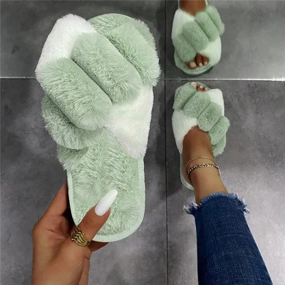 2024 Winter Slippers Women Fashion Cross Fluffy Fur Slipper Home Slides Platform Flat Indoor Floor Flip Flops Women Ladies Shoes
