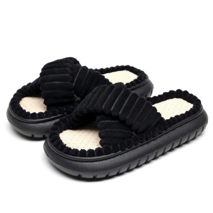 2024 New Fashion Cross Cotton Linen Slippers Women Autumn Home Thick Platform Flat Slides Floor Mute Slippers Comfort Flip Flops