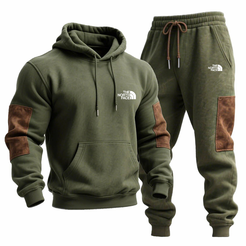 Men's Vintage Army Green Stitching Brown Suede Pocket Hoodie And Sweatpants Jogger Set