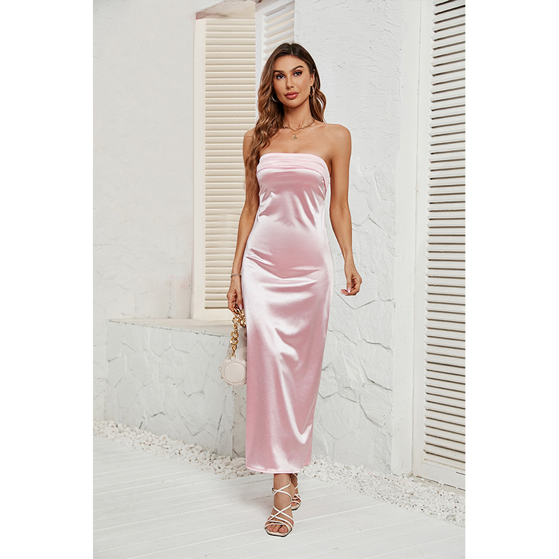 Summer solid color breast-wrapped elastic backless satin dress