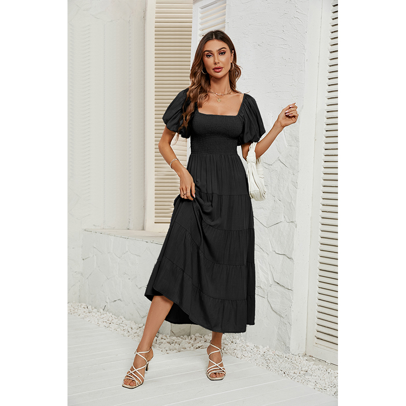Women's Summer Solid Color High Waist Puff Sleeve Waist Dress for Women