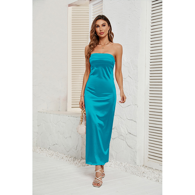 Summer solid color breast-wrapped elastic backless satin dress